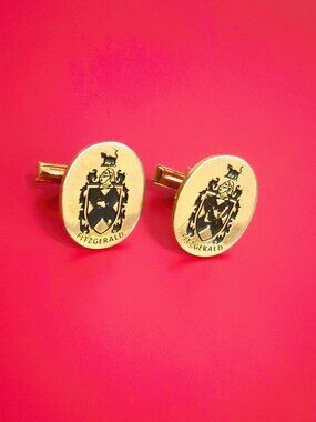 Fitzgerald Coat of Arms Oval Cufflinks Men's Vintage Gold Tone Family Crest
